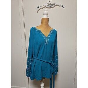 Lane Bryant Tunic Shirt Women's 16 TEAL BLOUSE Long Sleeve BOHO